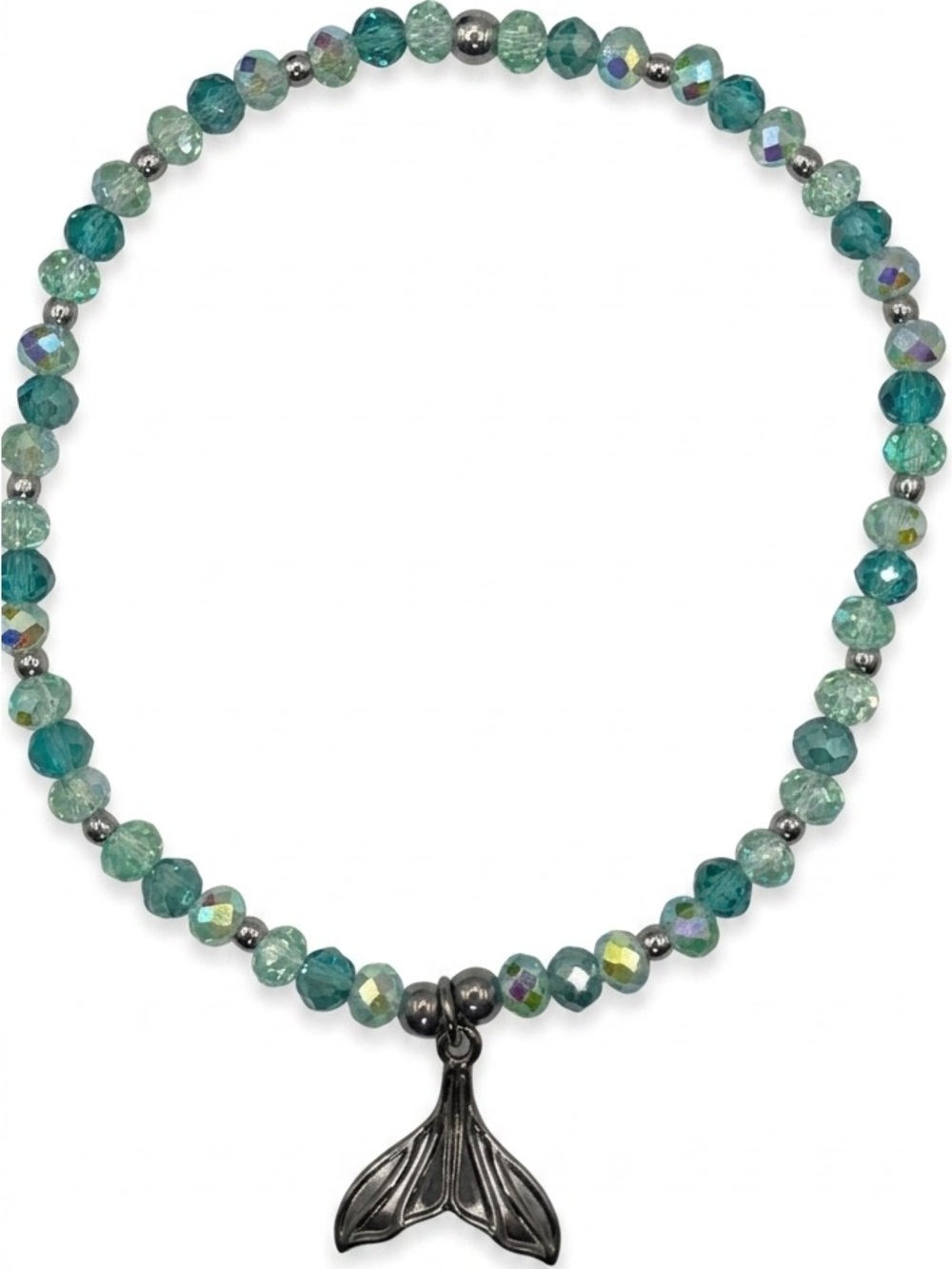 *ANKLET* S. Steel Silver Mermaid Tail & AB Ocean Green Crystal Stretchy Anklet